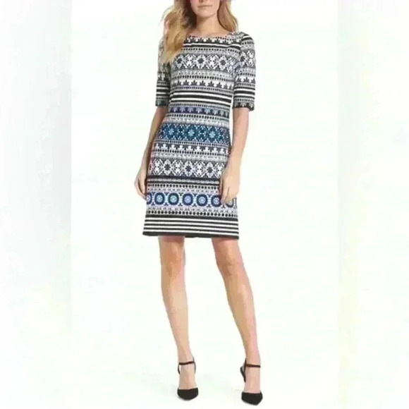 Eliza J Dresses & Skirts - ELIZA J MEDALLION‎ STRIPE SHIFT DRESS IN BLACK/ BLUE/ IVORY